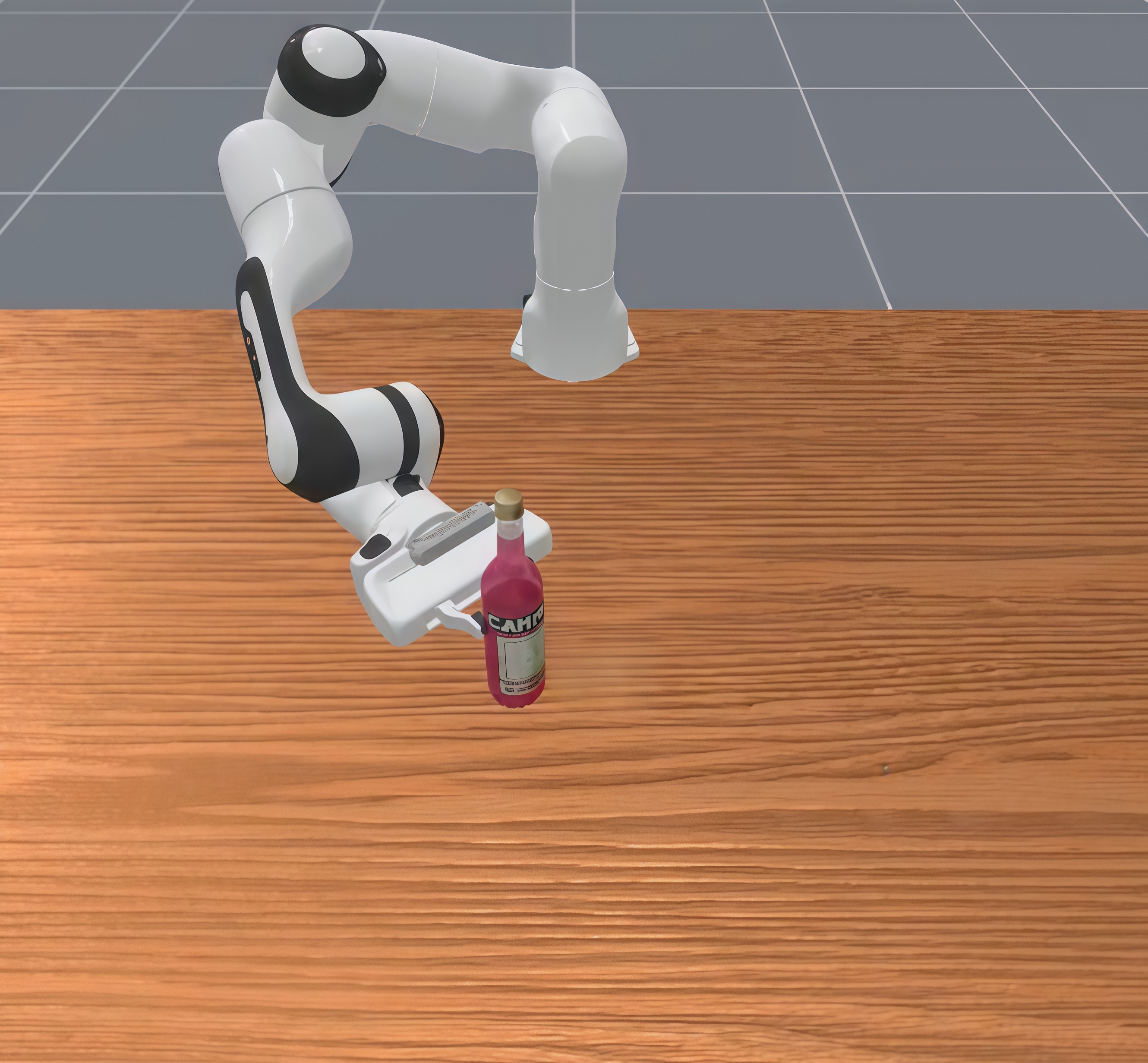 Robot gripper grasping the body of a bottle